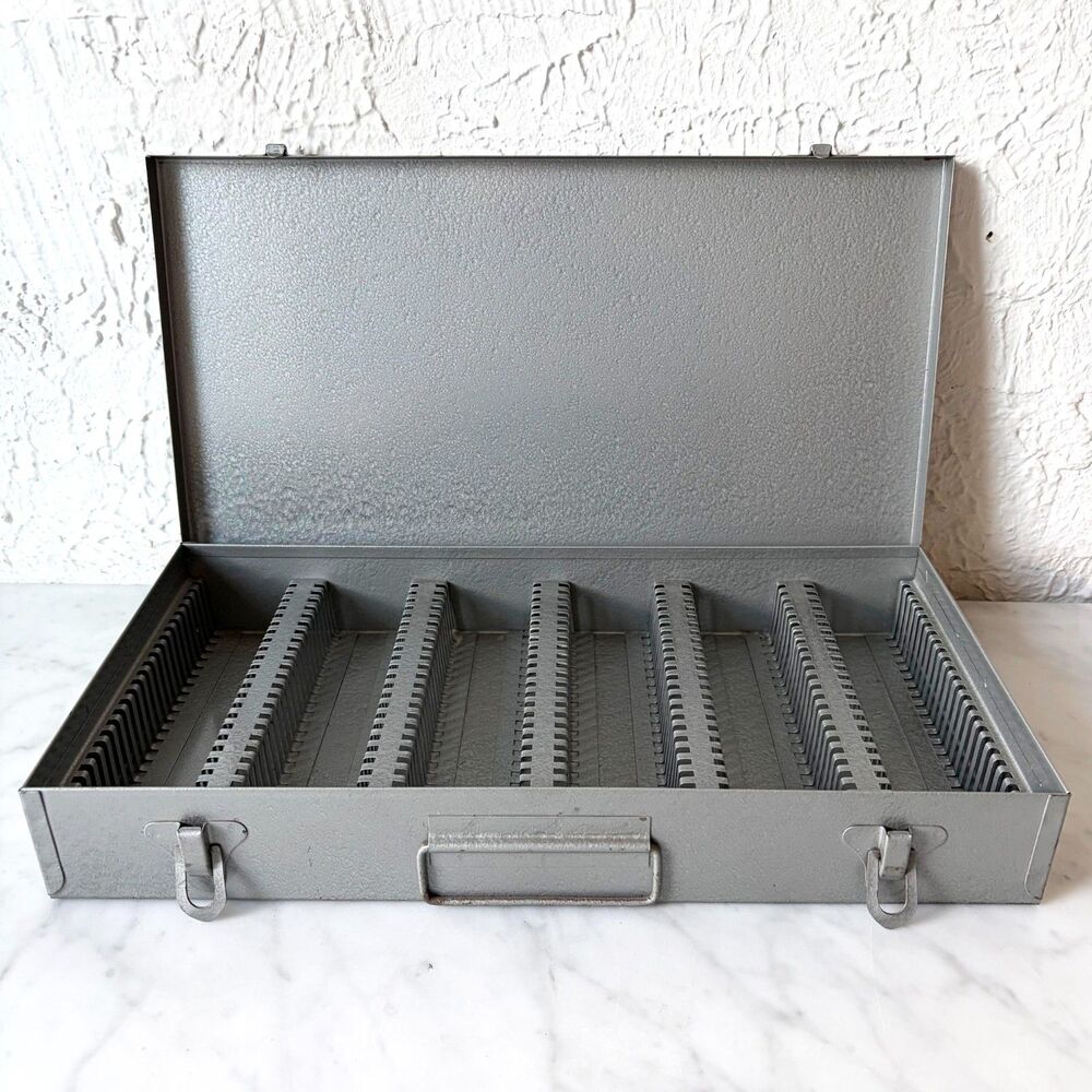 Vintage Steel 35mm Slide Storage Case 150 Capacity Gray Metal Organizer Box